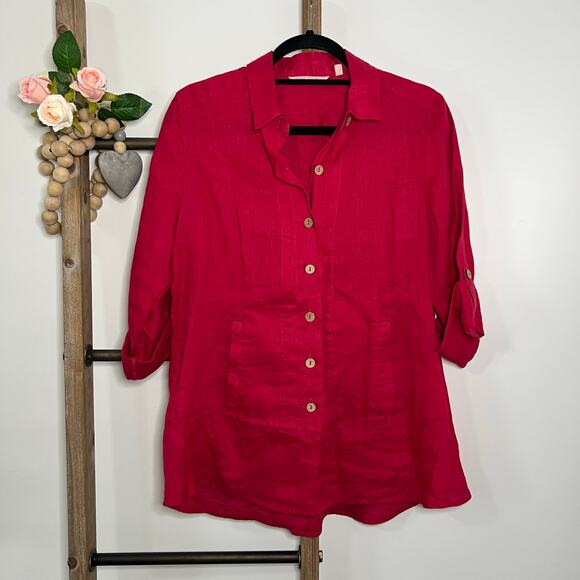 Soft Surroundings 3/4 Sleeve Linen Button‎ Up Blouse Size Petite Small - Picture 3 of 7